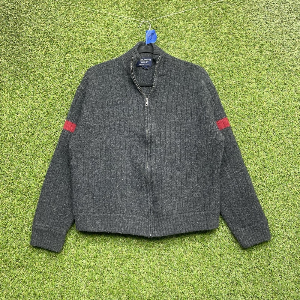 American Eagle Outfitters Lambswool Sweater Mens Medium Zip Up Ribbed Red Stripe